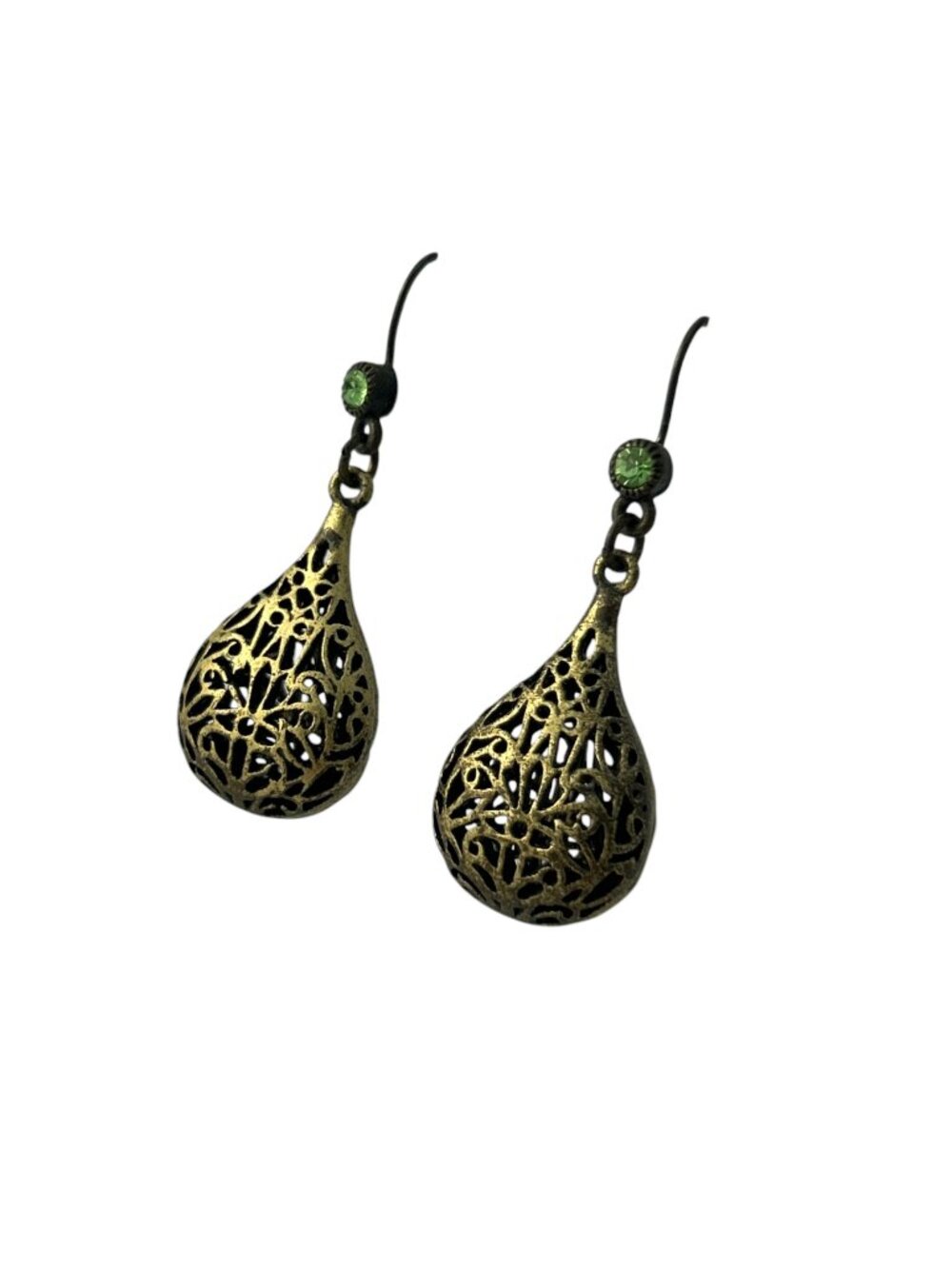 Silver Tone Openwork Teardrop Earrings Green Crystal Dangle Boho Ornate - Picture 4 of 5